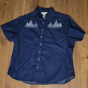 Van Heusen Navy Button Down Shirt with Sailboat Embroidery